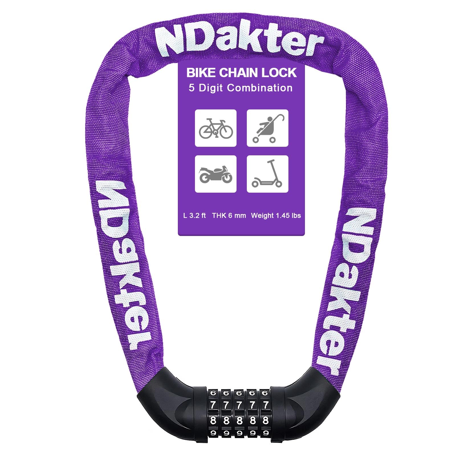 Photo 1 of **SELLING FOR PARTS**NDakter Bike Lock, 5 Digit Combination Heavy Duty Anti Theft Bicycle Chain Lock, 2.62/3.2/4.27/5/6Ft Long, High Security Resettable, Suitable for Bike, Scooter, Door, Gate, Fence-4/6mm Thick