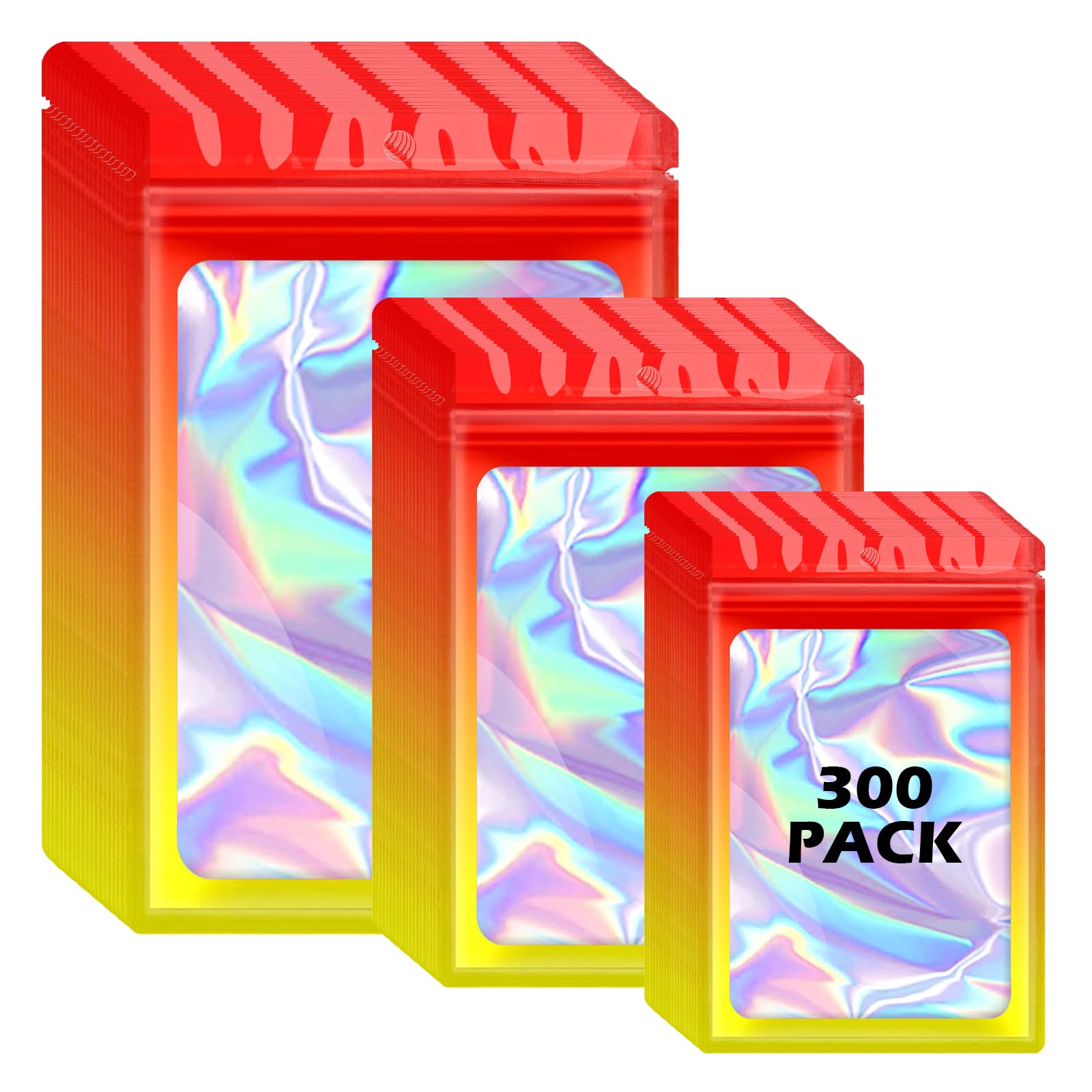 Photo 1 of Arsmat 300 Pcs Reusable Holographic Mylar Bags, 3 Sizes, Smell Proof, Airtight, Multi-layered Polyethylene (PE) with Zipper Closure, Red Yellow