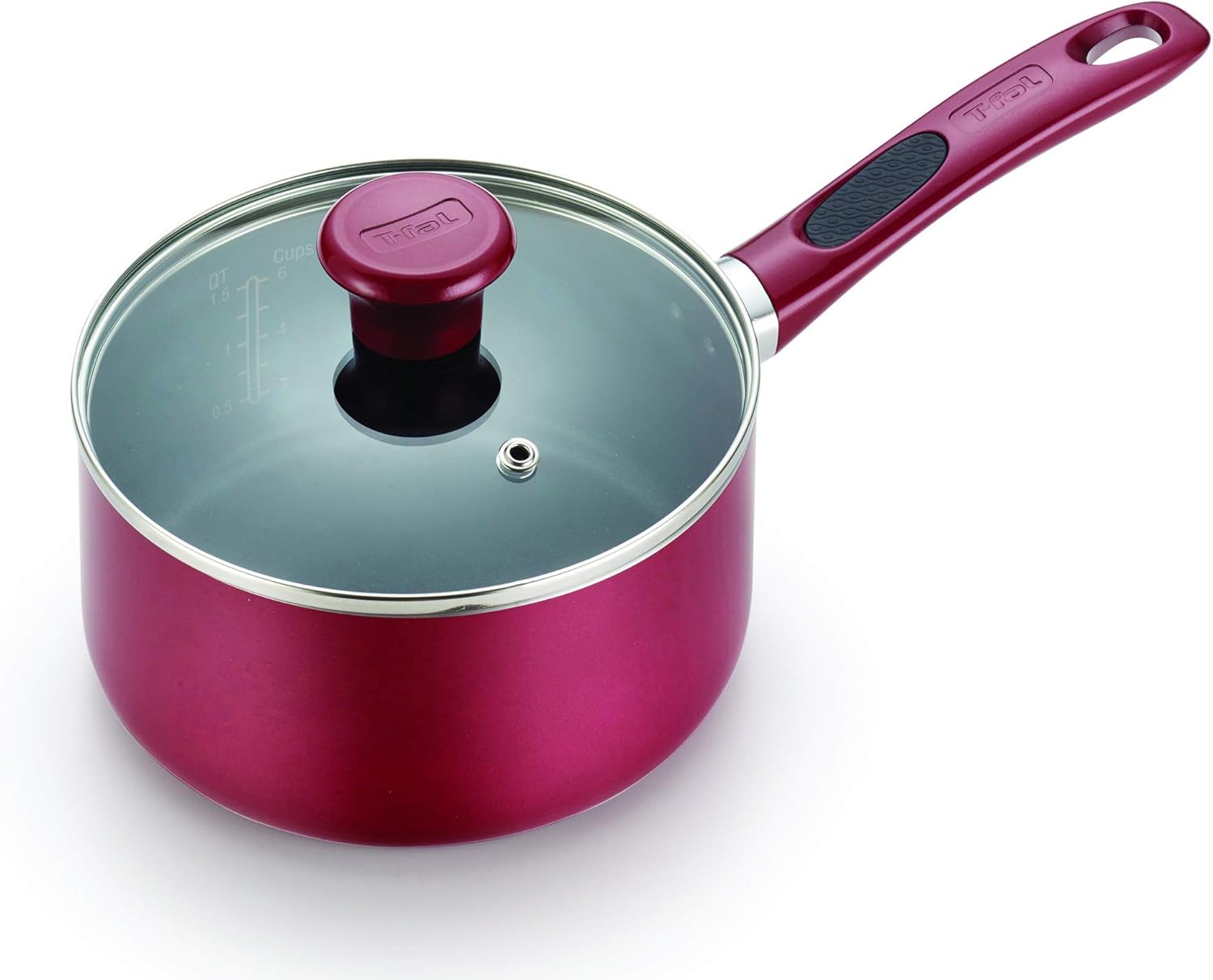 T-fal B0393064 B03930 Excite ProGlide Nonstick Thermo-Spot Heat Indicator Dishwasher Oven Safe Saucepan with Glass Lid Cookware, 3-Quart, Red (Renewed)