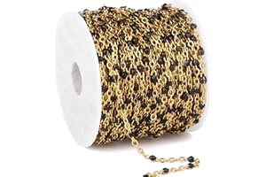 CADIKEZ 33 Feet Gold Enamel Chains Bulk, 2mm 18K Gold PVD Plated 304 Stainless Steel Black Enamel Beaded Cable Link Chain Roll Spool for Jewelry Making