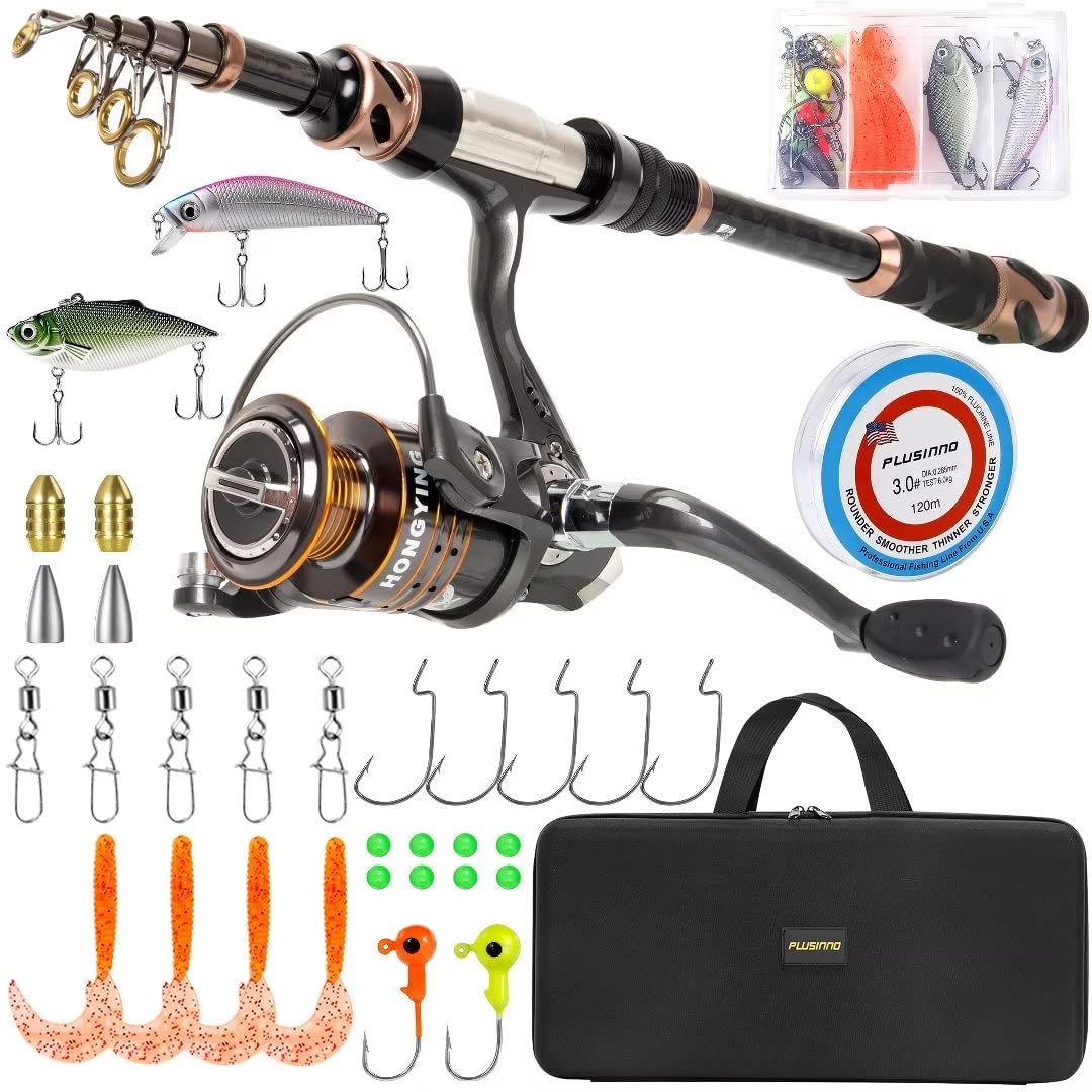 Photo 1 of PLUSINNO Fishing Rod and Reel Combos -24 Ton Carbon Fiber Telescopic Fishing Pole - Spinning Reel 12 +1 Shielded Bearings Stainless Steel BB-Free Carrier Bag Case, Travel Saltwater Freshwater Fishing