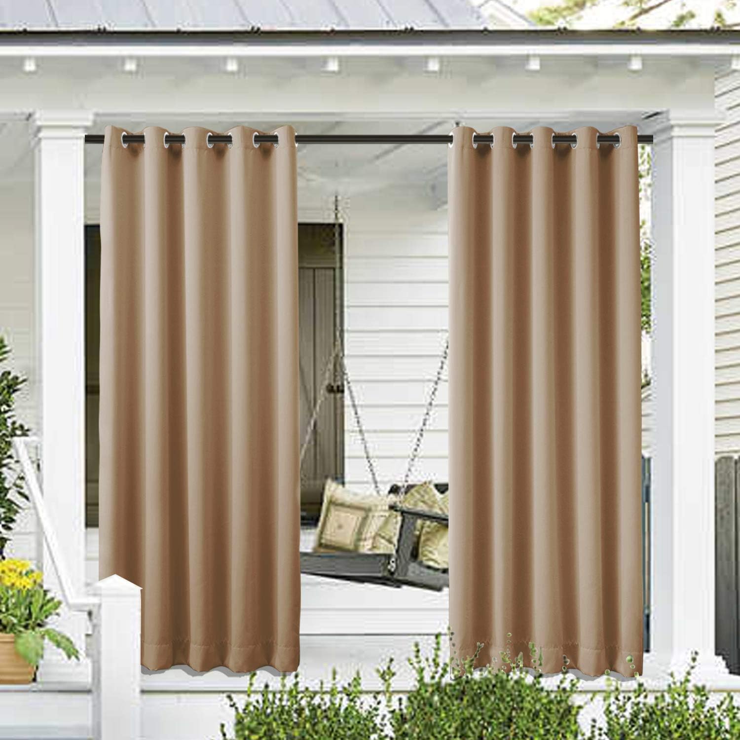 Outdoor Curtains - cololeaf Outdoor Curtains for Patio Waterproof 108 inches Solid Cabana Grommet Top Window Curtain Panel for Patio, Porch, Gazebo, Pergola, Dock, Beach Home - Wheat 84