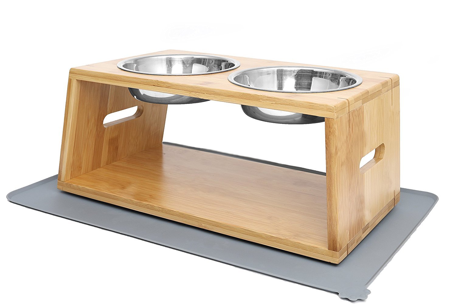 Bubinga Elevated Bamboo Pet Double Bowls Raised Stand Comes with 2 Stainless Steel Bowls and Pet food mat (7'' tall)