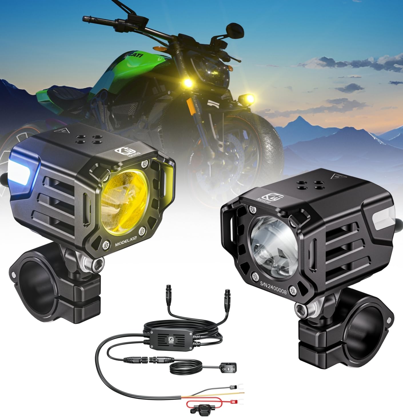 Photo 1 of Kewig Motorcycle Auxiliary LED Fog Light 60W White Amber LED Spotlight Auxiliary Light Kit with Mount Bracket Wire Harness Waterproof Offroad Driving Lights Compatible with Motorcycle Bike Truck