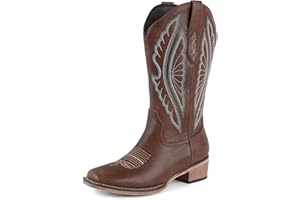 FancyQueen Square Toe Cowboy Boots for Women Western Cowgirl Boots with Chunky Heels Mid Calf Embroidered Fashion Country Boot