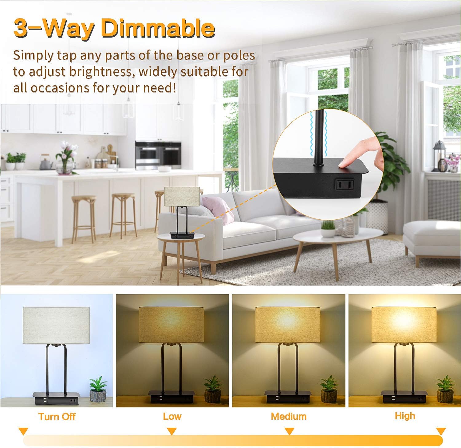 3-Way Dimmable Touch Control Table Lamp with 2 USB Ports and AC Power Outlet Modern Bedside Nightstand Lamp with Fabric Shade and Metal Base for Guestroom Bedroom Living Room & Hotel LED Bulb Included: Home Improvement