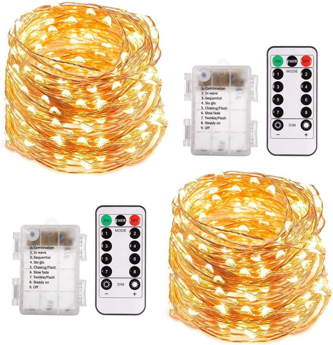 ECOWHO String Lights, 66ft 200 LED Battery Powered Fairy Lights, 8 Lighting Modes, Decorative Warm White Lights for Bedroom, Patio, Garden, Wedding (2 Pack)