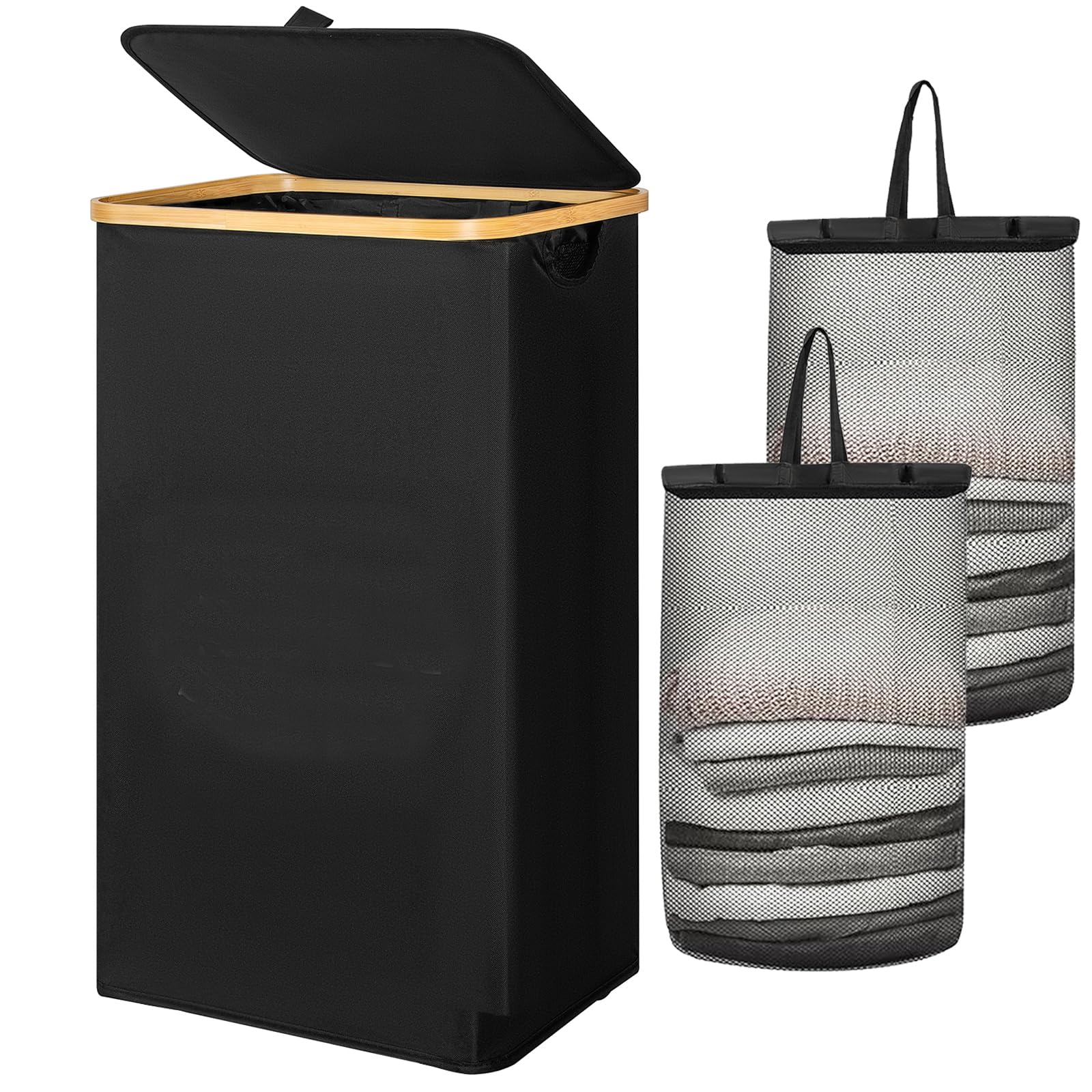 Chrislley 70 L Slim Laundry Basket with Lid, Foldable Laundry Hamper with 2 Removable Inner Bags & Bamboo Handles, Tall Thin Narrow Laundry Basket for Dirty Clothes