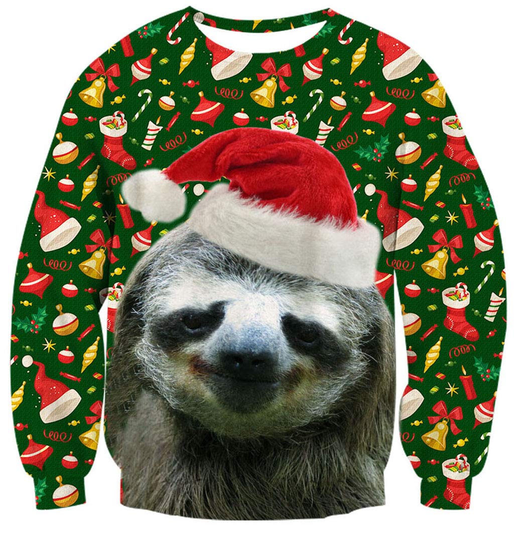 TUONROAD Unisex Round Neck Sweatshirts Cat Novelty Christmas Hilarious Sweatshirt Multicolor 3D Print Ugly Sloth Christmas Hat Long Sleeve Sweater
