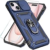 SunStory Compatible with iPhone 15 Case with HD Screen Protector & Slide Camera Cover & Rotated Ring Kickstand, [Military-Grade] Phone Case for iPhone 15,Blue