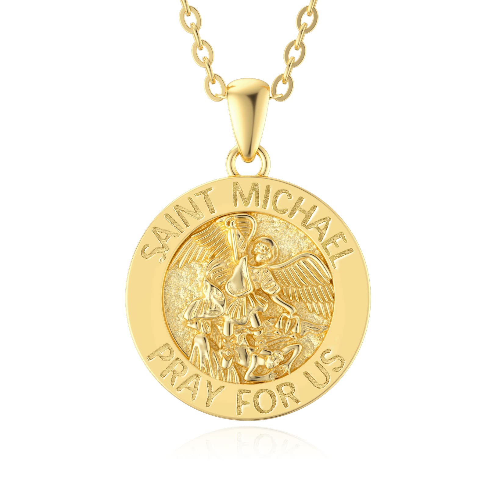 SISGEM 9 ct Gold St. Michael Necklace, Solid Yellow Gold Saint Michael Pendant Necklace, Saint Michael Pray for Us, for Men Boy Father Brother, 16"+1"+1"