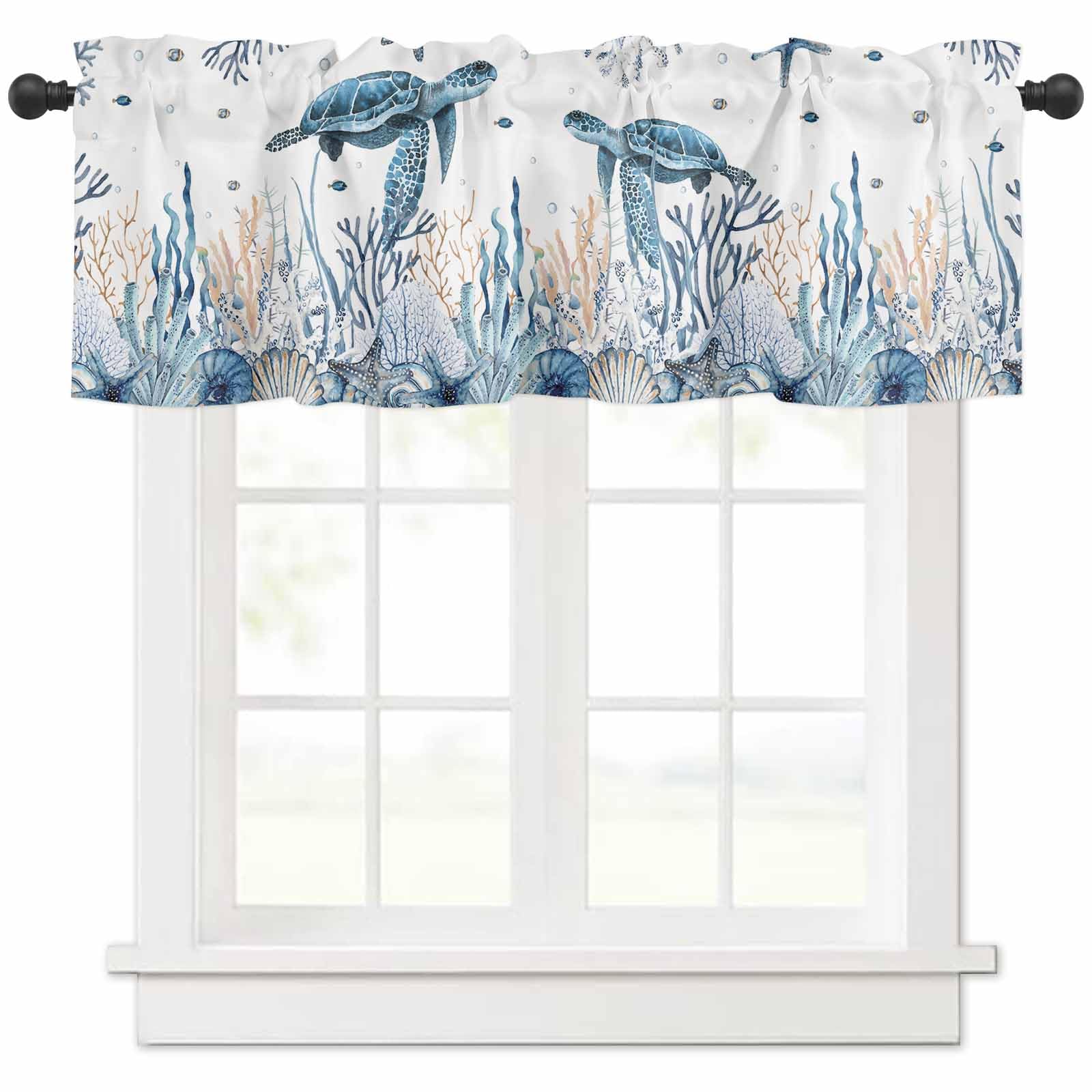AYTTBIS Sea Turtle Curtain Valance for Windows Rod Pocket Nautical Starfish Seashell Valance Window Treatments 1 Panel Short Curtains for Kitchen Windows Bathroom Bedroom,42 x 12 Inch