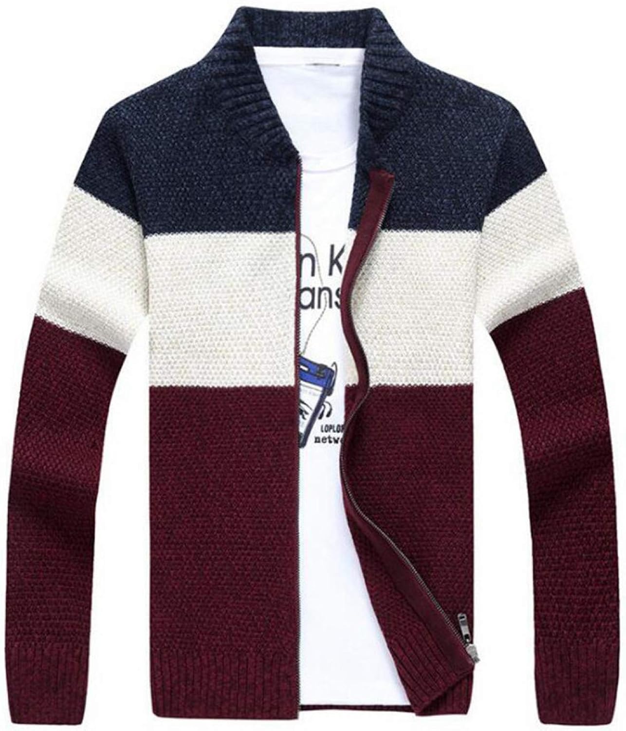 Suéter para Hombre Moda Invierno cálido suéter a Rayas con Cremallera suéter de Lana de Manga