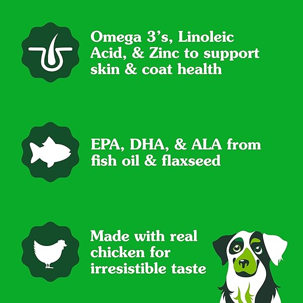 GREENIES SUPPLEMENTS DOG SKIN AND COAT SUPPLEMENTS WITH OMEGA 3 FATTY ACIDS & FISH OIL FOR DOGS, CHICKEN FLAVOR, 14.7 OZ, 80 COUNT