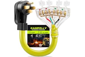 Campzlly 50 Amp to 110 Adapter RV Cord, 50 Amp to 20 Amp Adapter, NEMA 14-50P Male Plug to 4X 5-15R/5-20R Household Outlet Female with Dust Protection Caps, 1.5 FT