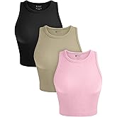 OLCHEE Womens 3 Pack Crop Tank Tops Basic Seamless Ribbed Round High Neck Racerback Workout Top Summer Causal Yoga Gym Shirts
