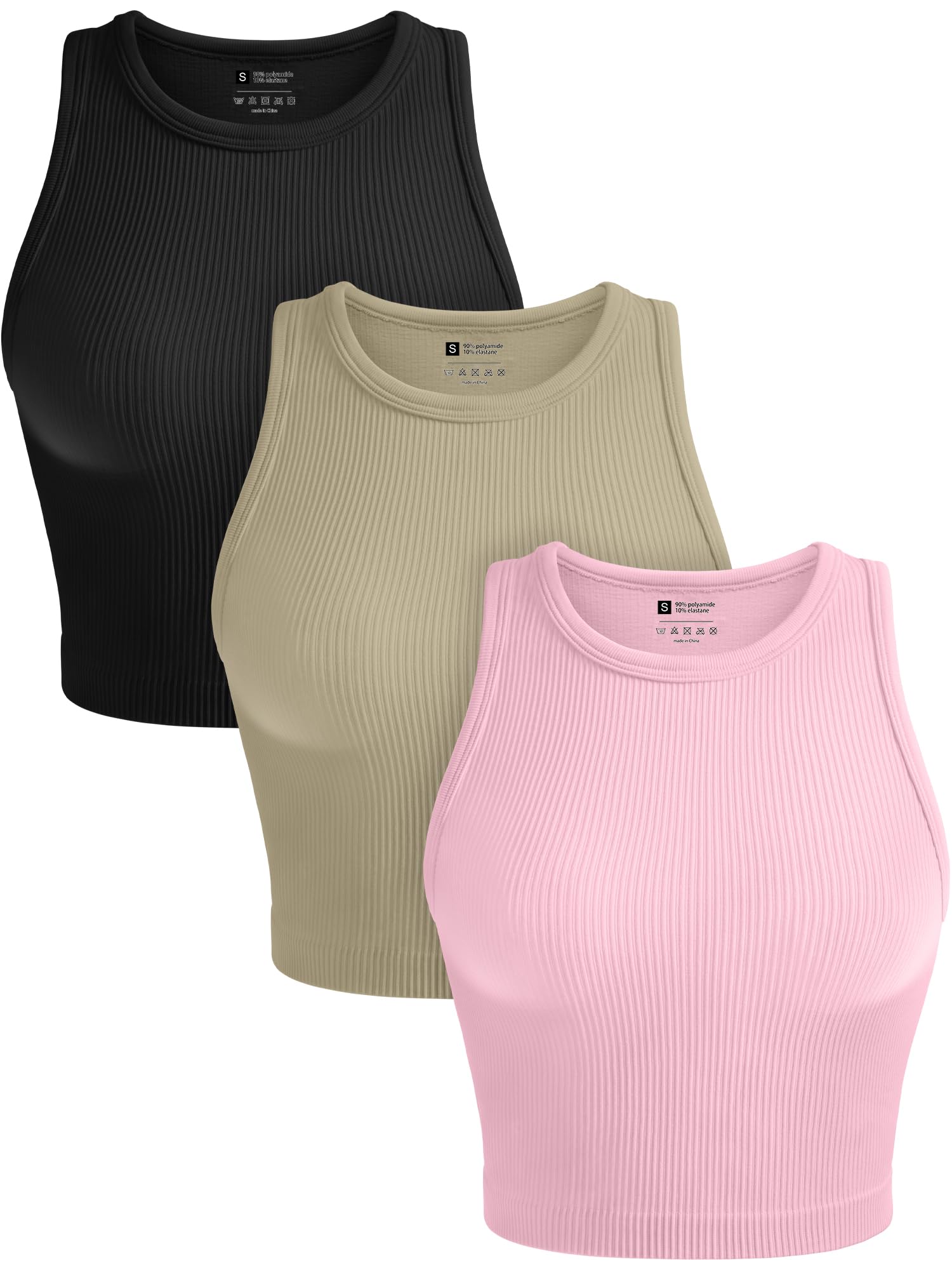 Photo 1 of **BLACK ONLY** OLCHEE Womens Crop Tank Tops Basic Seamless Ribbed Round High Neck Racerback Workout Top Summer Causal Yoga Gym Shirts - Black Khaki Pink Medium