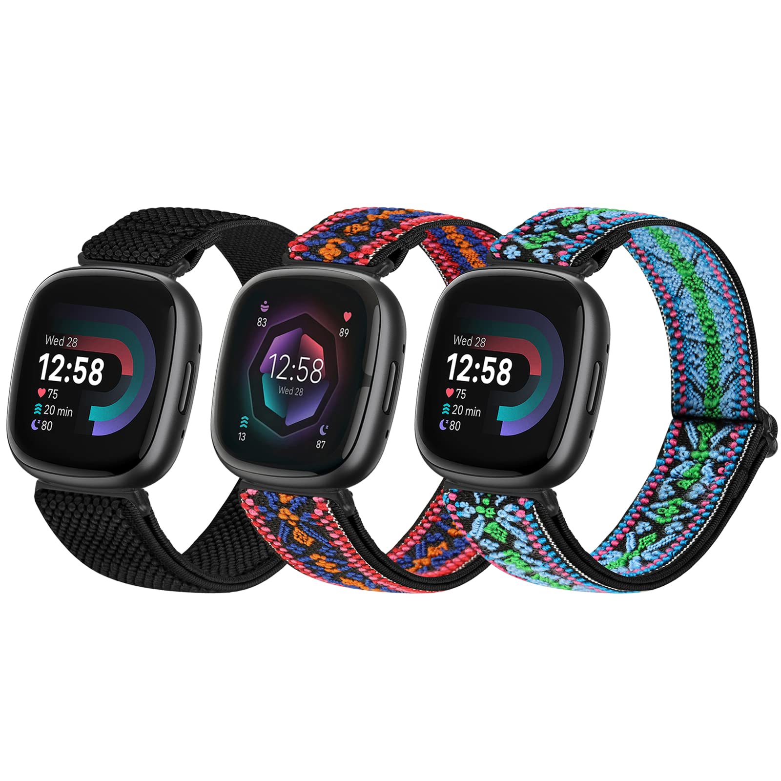 SHIJZWD 3 Pack Elastic Watch Strap Compatible with Fitbit Versa 4/3, Soft Breathable Nylon Sports Loop Band, Stretchy Adjustable Replacement Wristband for Women & Men