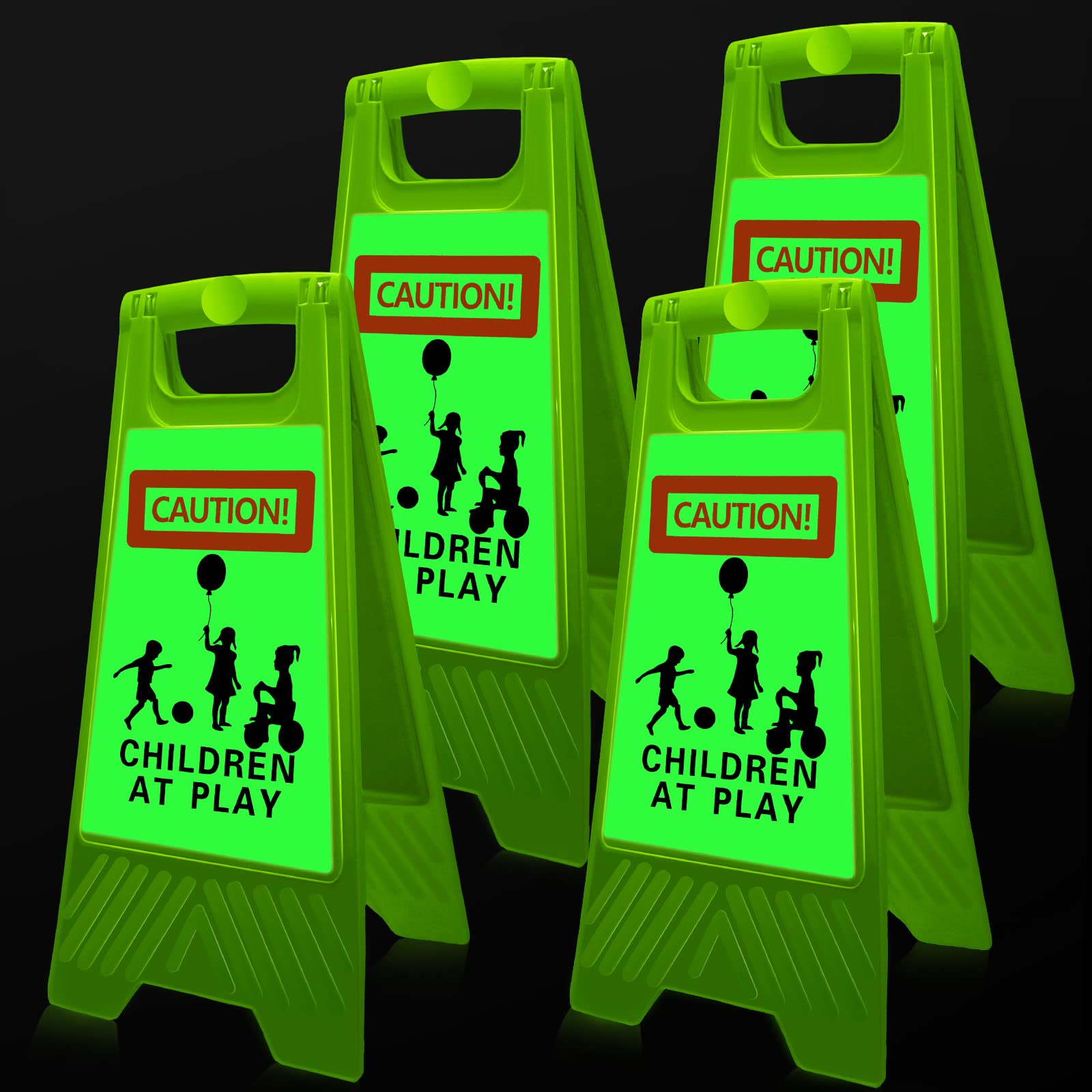Photo 1 of 4 Pcs Large Reflective Slow Down Kids at Play Sign 24 Inch Double Sided Portable Handle Children at Play Warning Board Caution Safety Signs for Street Neighborhood Yard School Park Sidewalk(Green)
