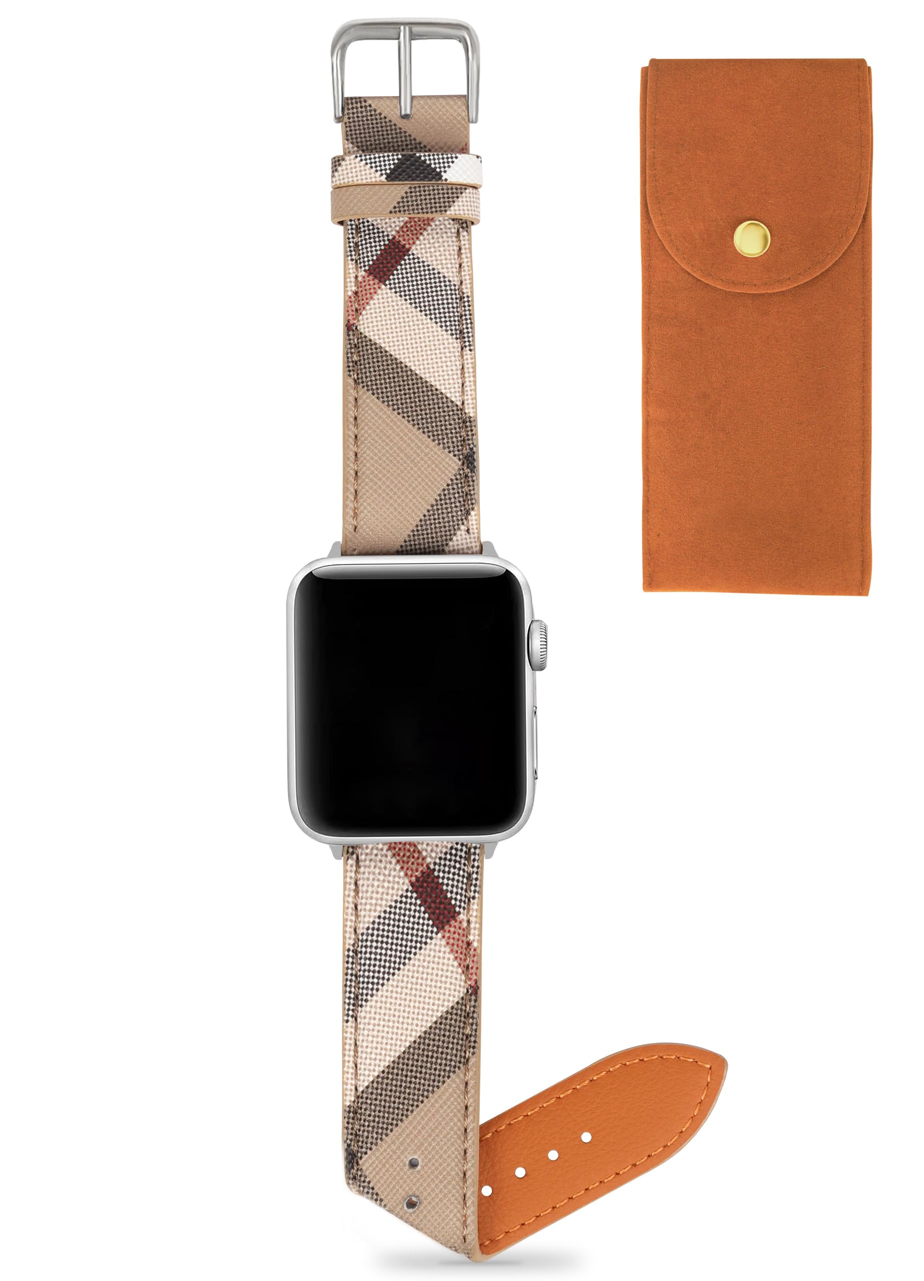Photo 1 of Designer Watch Band for Women Compatible with Apple Watch Bands 45mm 44mm 42mm, Luxury Leather Classic Beige Plaid Watch Band Compatible for iWatch Series 10/9/8/7/6/5/4/3/2/1/SE
