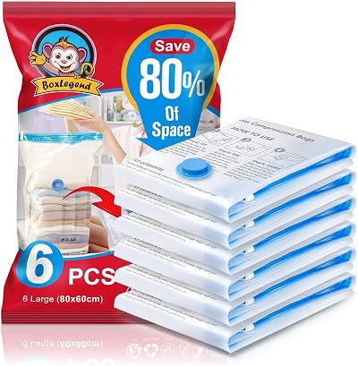 BoxLegend Vacuum Storage Bags 6 Large 80x60cm Double Zipper Reusable