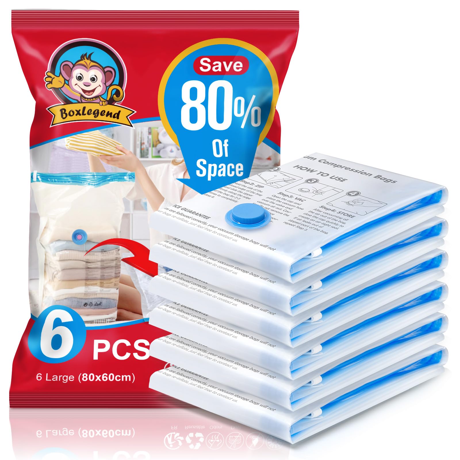 BoxLegend Vacuum Storage Bags 6 large 60x80cm Space Saving Double Zipper Seal Reusable Vacuum Compressiong Storage Bags for Duvets, Bedding, Suitcases, Pillows, Clothes, Quilts, Sweater, Comforters