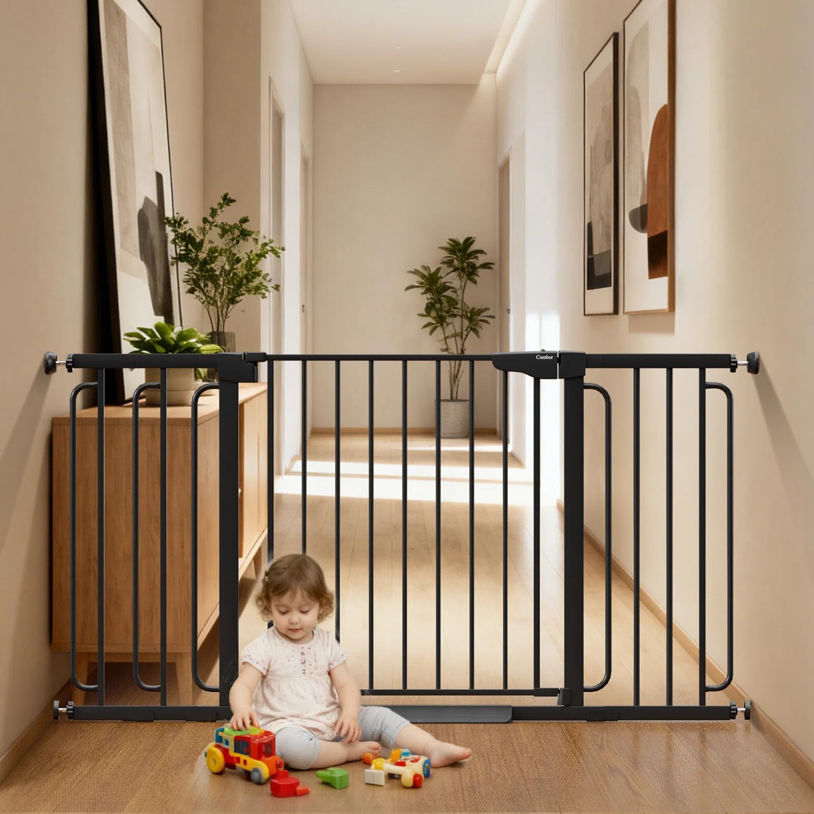 Cumbor 36.6-59" Extra Wide Baby Gate for Stairs, Pressure Mounted Dog Gate for Doorways, Auto-Close Easy Walk Through Safety Child Gate for Kids Toddler, Tall Pet Gates Indoor, Black Image