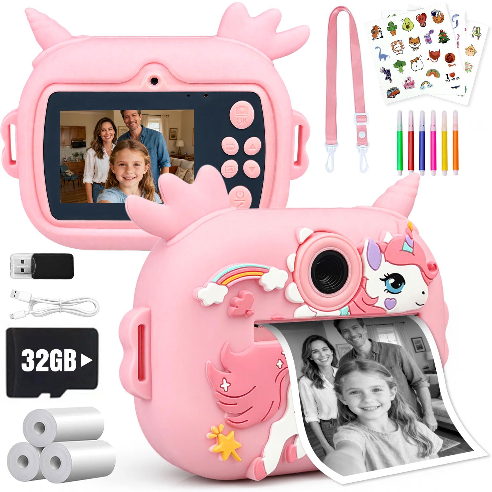 Photo 1 of Kids Camera Instant Print, 1080P Kids Instant Cameras with Photo Printing and Fun Learning, Christmas Stuffers Birthday Gifts for Girls Age 3-12, Portable Toy for 3 4 5 6 7 8 9 10 Girls Boys, Pink