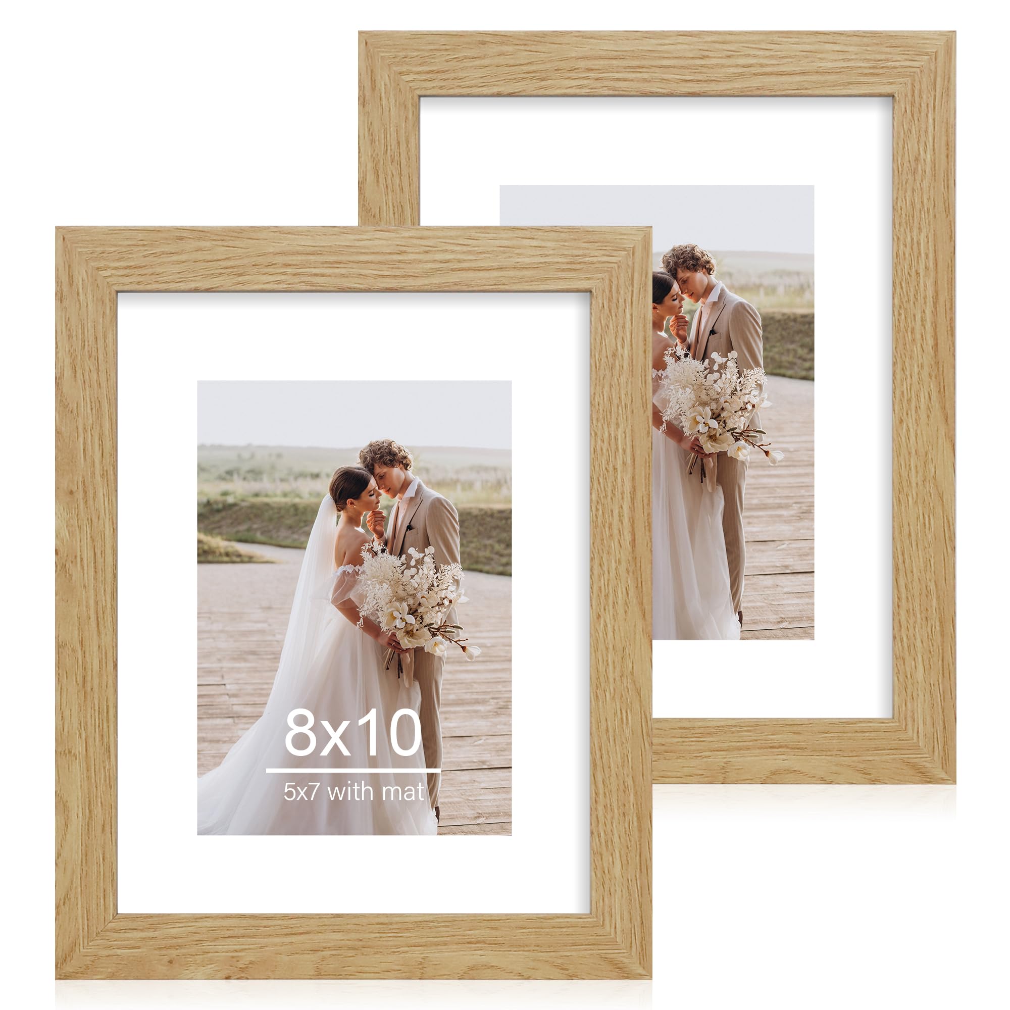 Photo 1 of Hongkee 8x10 Picture Frame Set of 2, Made of Real Glass and Natural Oak Wooden Frame - Display Picture 5x7 with Mat or 8x10 Without Mat, 8 by 10 Photo for Wall or Tabletop