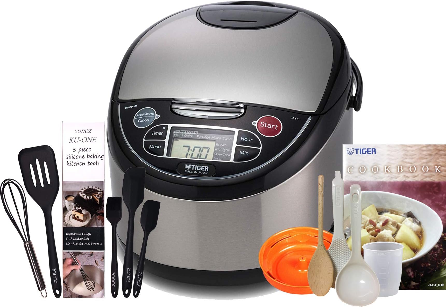 Tiger JAX-T10U-K (5.5 Cups Uncooked/11 Cups Cooked) Micom Rice Cooker with Food Steamer & Slow Cooker, Stainless Steel Black & Zonoz 8-Inch Rice Paddle/Wooden Stirring Spoon Bundle