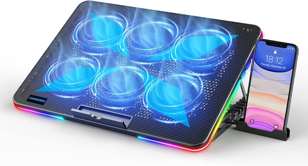 LIANGSTAR Laptop Cooling Pad 6 Fans 10 RGB Modes 7 Height Adjustable 11.3-17 in