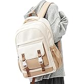 Lendolk School Backpack For Women Men College Backpack With Lots Of Pockets Cute BookBag Casual Daypack Backpacks For Teens Girls Boys Waterproof(Beige)