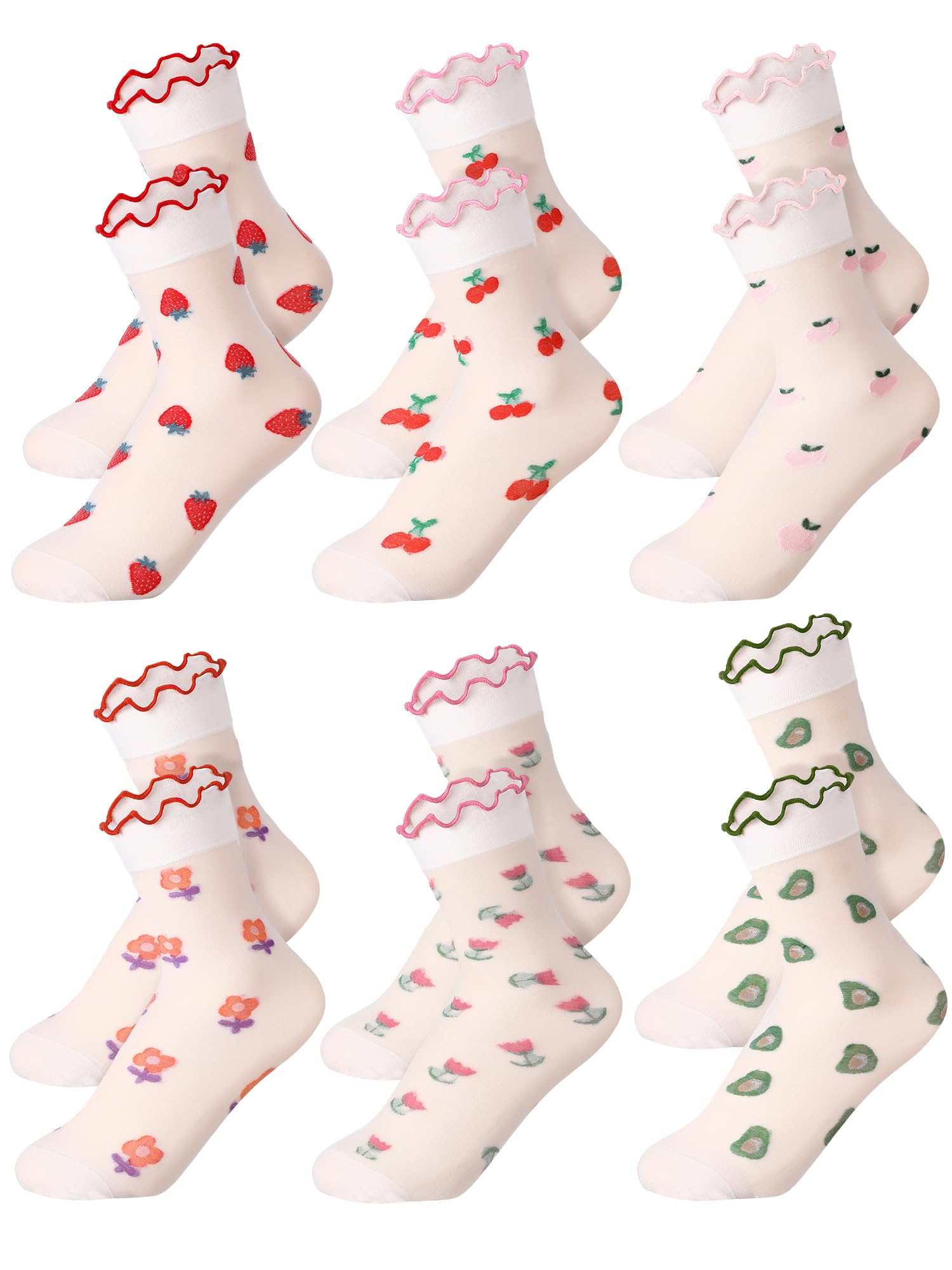 Photo 1 of (BAGGED) (USED/FAIR) (SMALL) Fourluoo 6 Pairs Little Girl Sheer Socks Cute Ruffle Fruit Kids Lace Crew Frilly Dress Socks for Summer 4-12 Years Old(Fresh Colors)