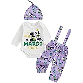 KtwHarnu My First Mardi Gras Baby Boy Outfit Newborn Long Sleeve Romper Suspender Overalls Pants Hat Set Carnival Clothes