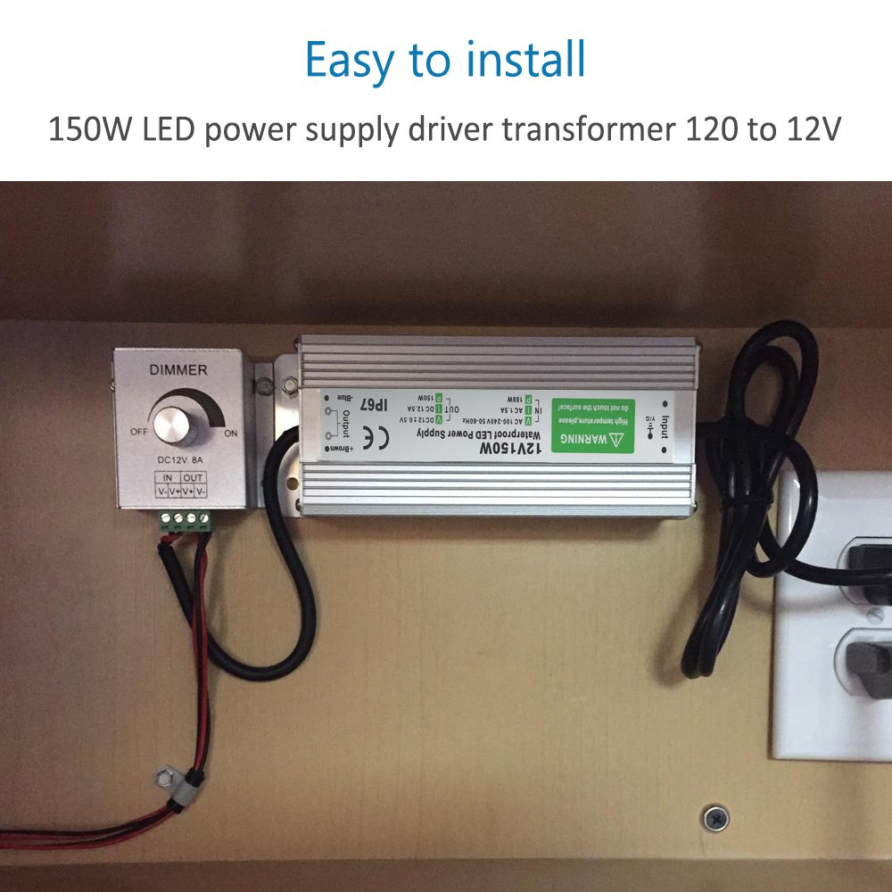150 Watt LED Power Supply Waterproof IP67 Driver Transformer 120 to 12 Volt DC Output, AC/DC 12V 12.5A Switching Power Supply Low Voltage Lighting LED Driver Transformer