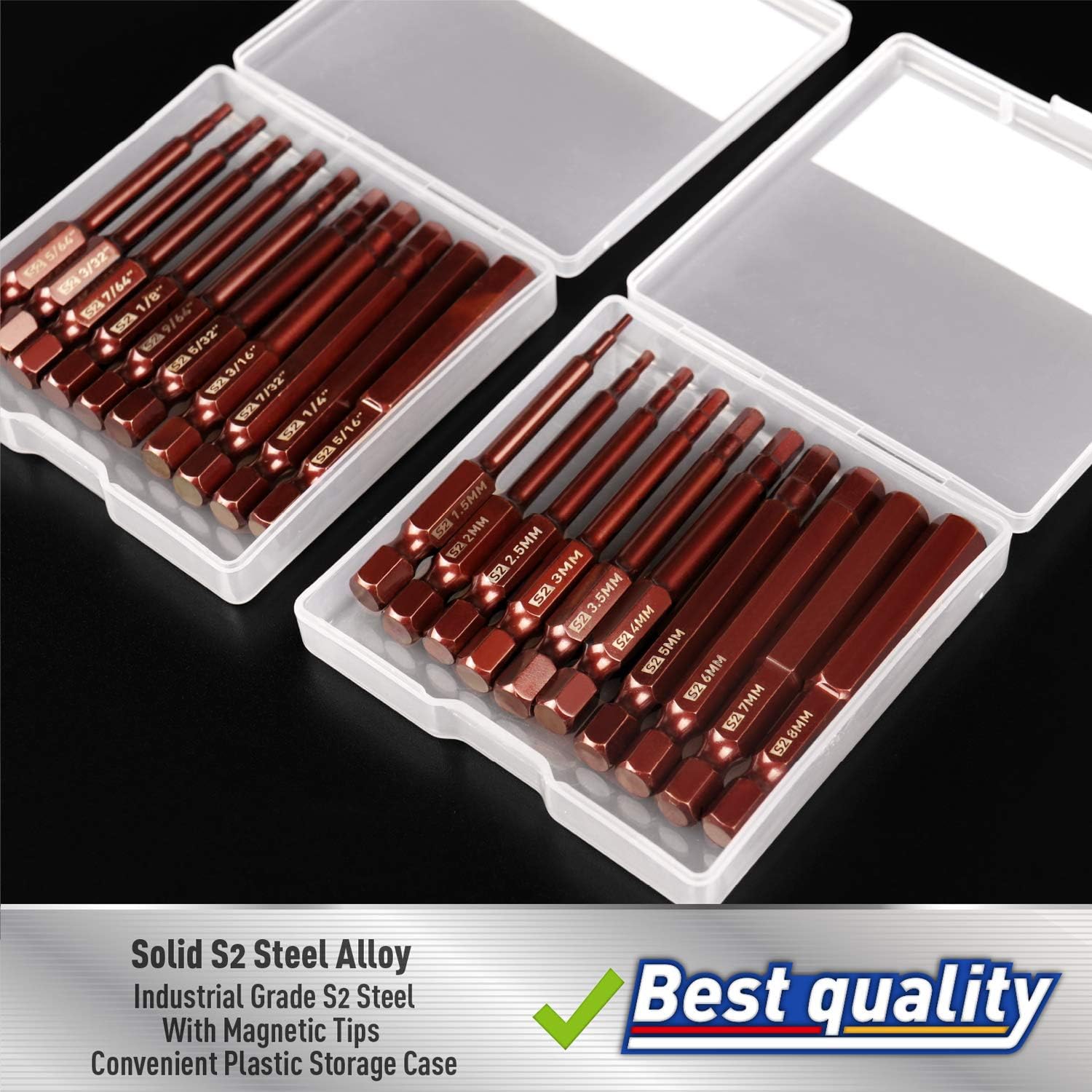 Amartisan 20 PACK Hex Head Allen Wrench Drill Bit Set, Metric and SAE S2 Steel Hex Bits Set, Magnetic Tips, 2.3" Long With Storage box - - 