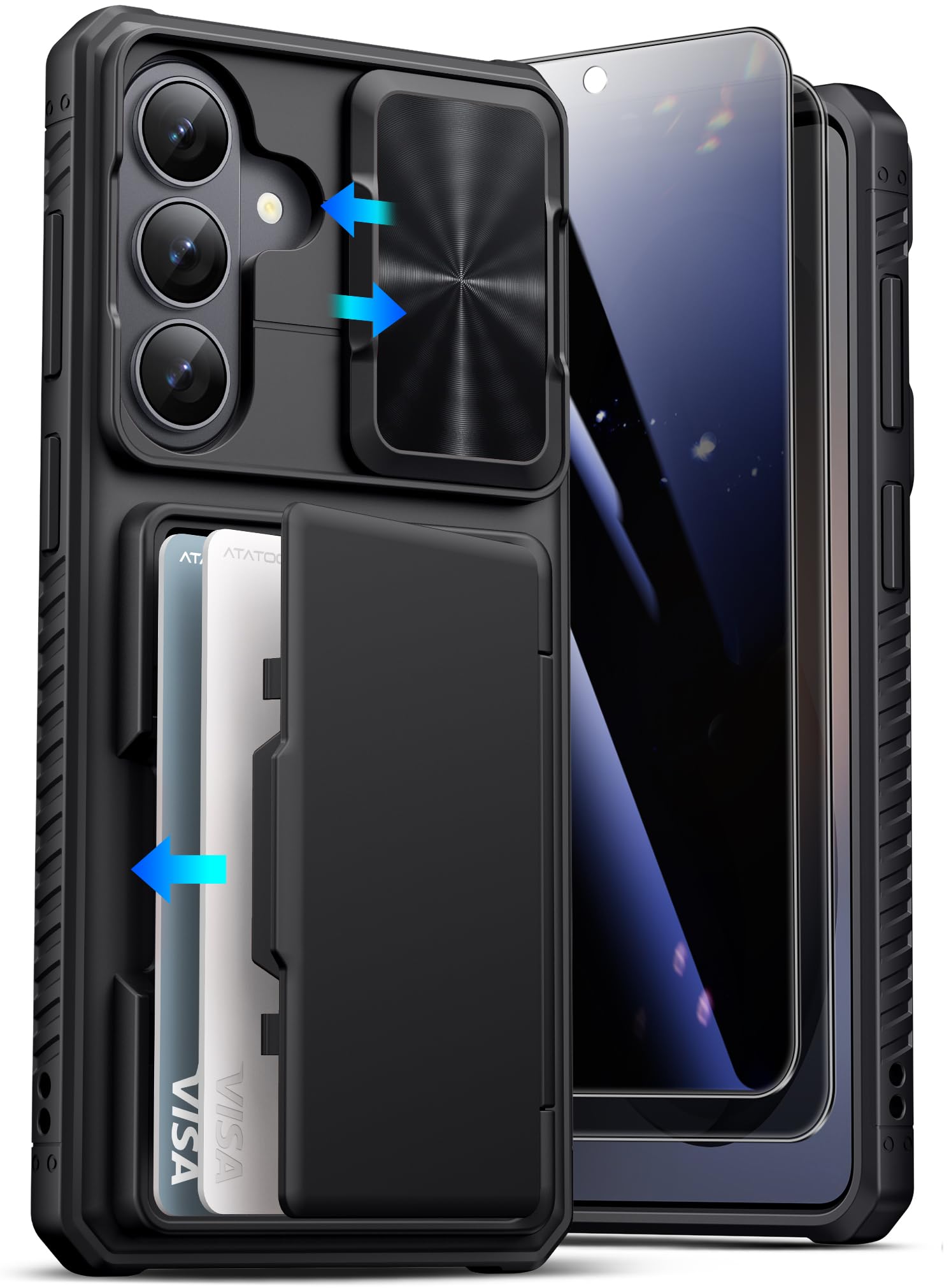 ATATOO for Samsung Galaxy S26+ Plus Case Wallet with Privacy Screen Protector [2 Pack], Built-in Card Holder, Slide Camera Cover, Military Grade Protection, Case for Galaxy S26+ Plus 6.7", Black