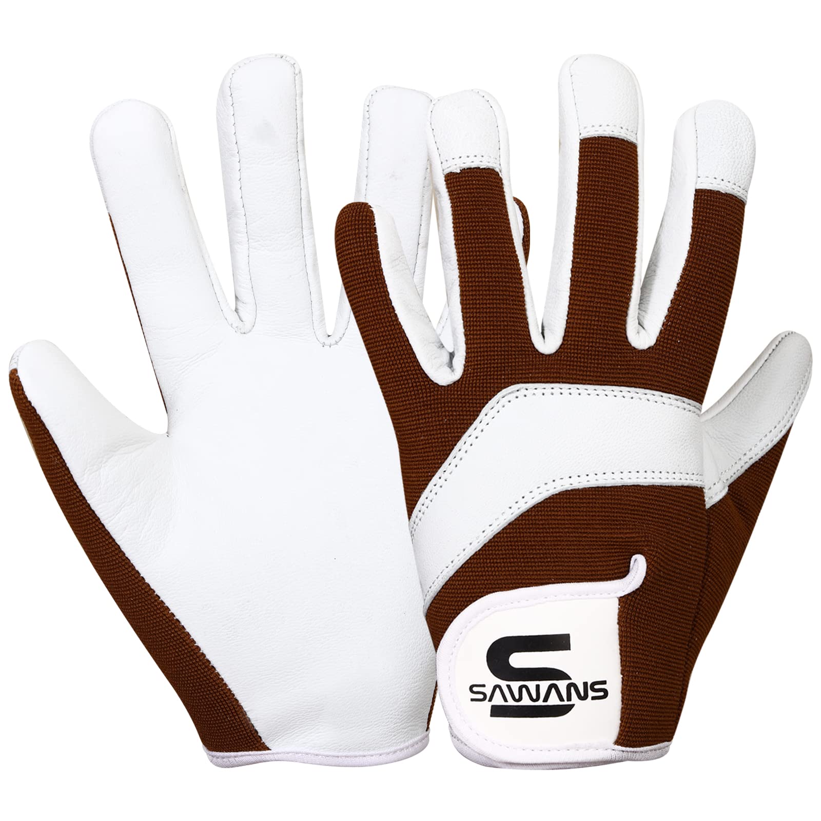 SAWANS Leather Gardening Safety Working Gloves Thorn Proof for Men and Women Multipurpose Garden Gloves for Ladies Durable Mechanic Builder Construction Non-Slip Rigger Gloves (Large, White/Brown)