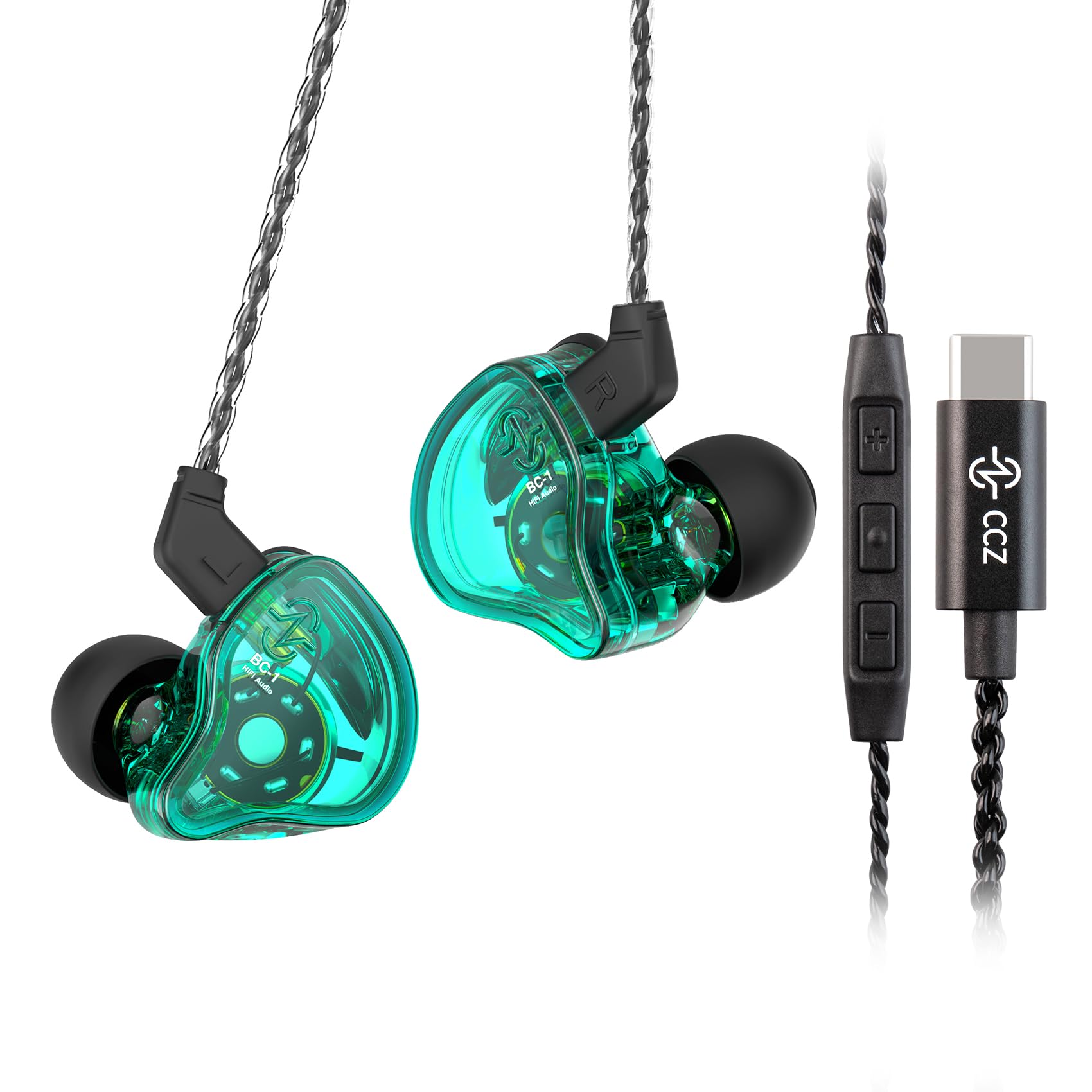 Yinyoo CCZ Melody USB-C In-Ear-Monitors Hybrid 1BA 1DD HiFi Earphone, Deep Bass Lightweight In-Ear Earphone IEM with 4N OFC Cable for Musician/Drummer/Bassist (Green, with mic USB-C)
