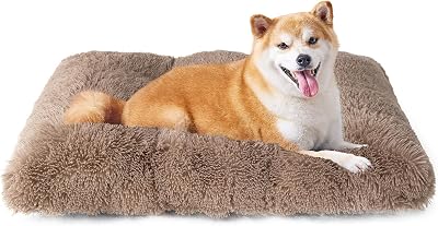 EHEYCIGA Fluffy Dog Crate Bed Large Camel 90x60x9cm Non-Slip Mat