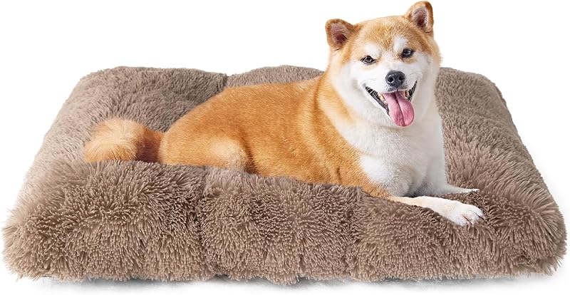 EHEYCIGA Fluffy Dog Crate Bed Large Camel 90x60x9cm Non-Slip Mat