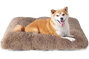 EHEYCIGA Calming Dog Crate Bed Large, Washable Anti Anxiety Dog Pet Bed, Fluffy Dog Pillow Mat with Anti-Slip Bottom, Camel, 