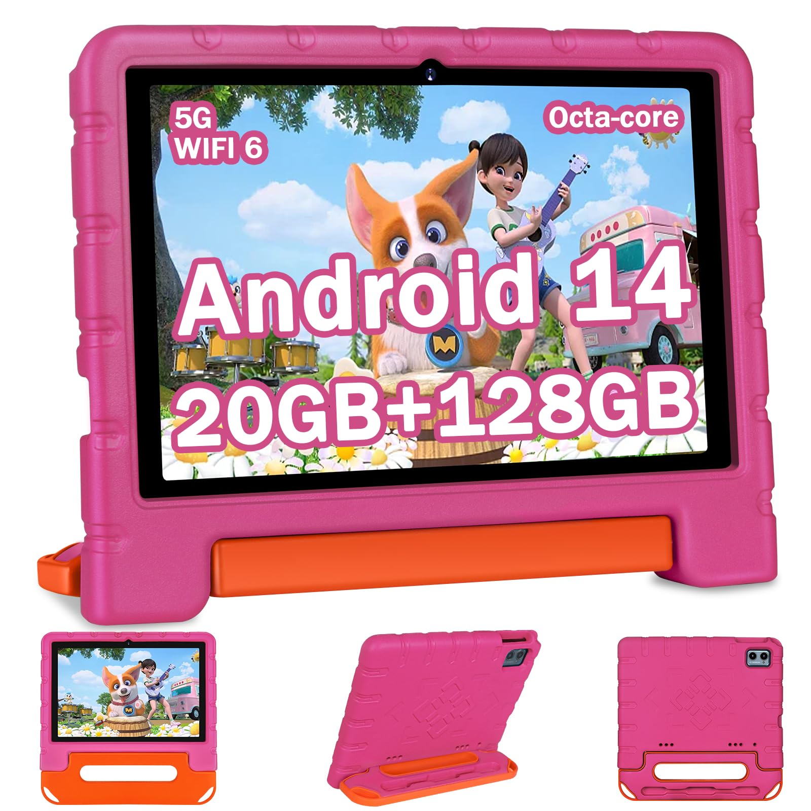 2025 Kids Tablet 10 inch Android 14 Tablets for Kid Octa-Core, 20GB+128GB (TF 1TB), Toddler Tablet with Shockproof Case, 2.4G+5G WiFi 6, Parental Control, Face Unlocked, Split Screen, BT5.0 (Rose Red)