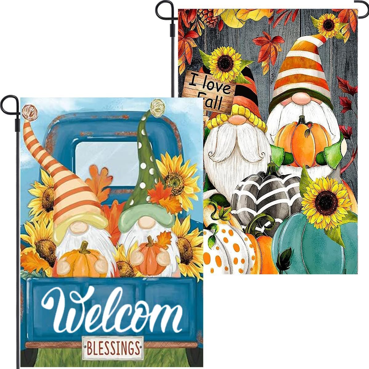 Flags - 2 Pack Fall Garden Flag 12x18 Double Sided，Thanksgiving Gnomes with Pumpkin Picture Garden Flags for Seasonal Holiday Outdoor Decor