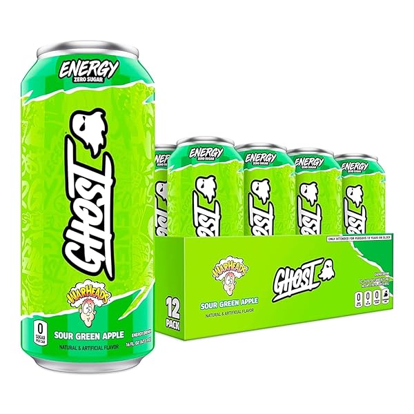 GHOST ENERGY DRINK – 12-PACK, WARHEADS SOUR GREEN APPLE, 16OZ – ENERGY & FOCUS & NO ARTIFICIAL COLORS – 200MG OF NATURAL CAFFEINE, L-CARNITINE & TAURINE – GLUTEN-FREE & VEGAN