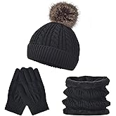 Kids Winter Hat Scarf Gloves Set - Thermal Fleece Lined Beanie with Pompoms, Soft Mittens & Neck Warmer for Boys Girls 1-12