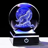 Arikyrist 3D Moon Wolf Crystal Ball Figurine with Colorful LED Base, Laser Wolf Gifts for Women Men Wolves Lovers, Wolf Statue Glass Animal Decorative Ball for Christmas Birthday Home Decor (80mm)