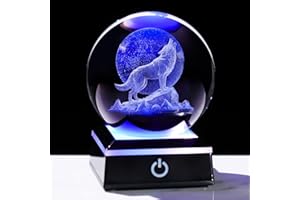 Arikyrist 3D Moon Wolf Crystal Ball Figurine with Colorful LED Base, Laser Wolf Gifts for Women Men Wolves Lovers, Wolf Statue Glass Animal Decorative Ball for Christmas Birthday Home Decor (80mm)
