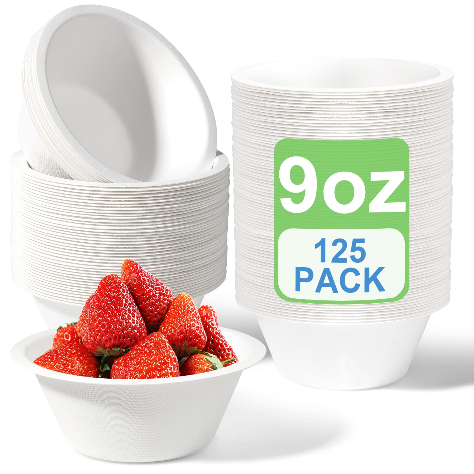 GREENESAGE 125 Pack Paper Bowls Disposable Bowls 9oz - Eco-Friendly, Sugarcane Strong White Bowls 100% Biodegradable and Compostable Soup Bowls for Party BBQ Picnic