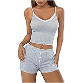Milumia Women's 2 Piece Outfits Striped Lace Trim Crop Cami Top and Shorts Set